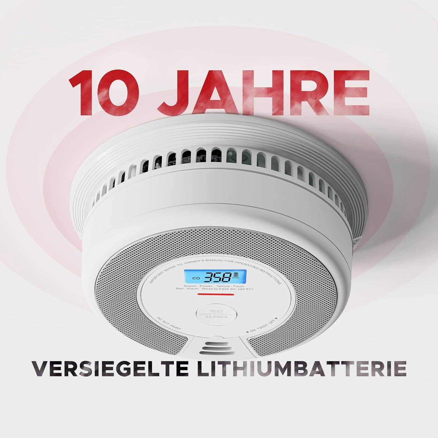 Ein Rauchmelder mit einem Schriftzug '10 Jahre' und 'Versiegelte Lithiumbatterie'. Ein digitales Display zeigt Informationen an.