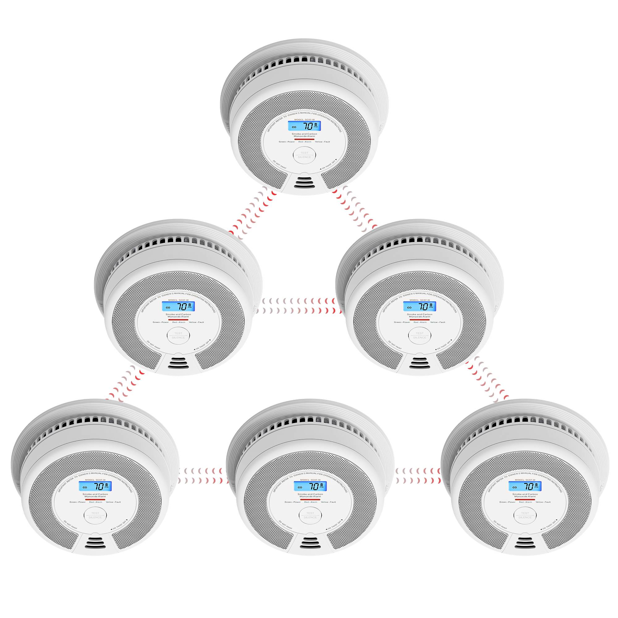 Ein Diagramm zeigt sechs miteinander verbundene Rauchmelder, die in einem Sechsecksmuster angeordnet sind und ein vernetztes Brandschutzsystem veranschaulichen.