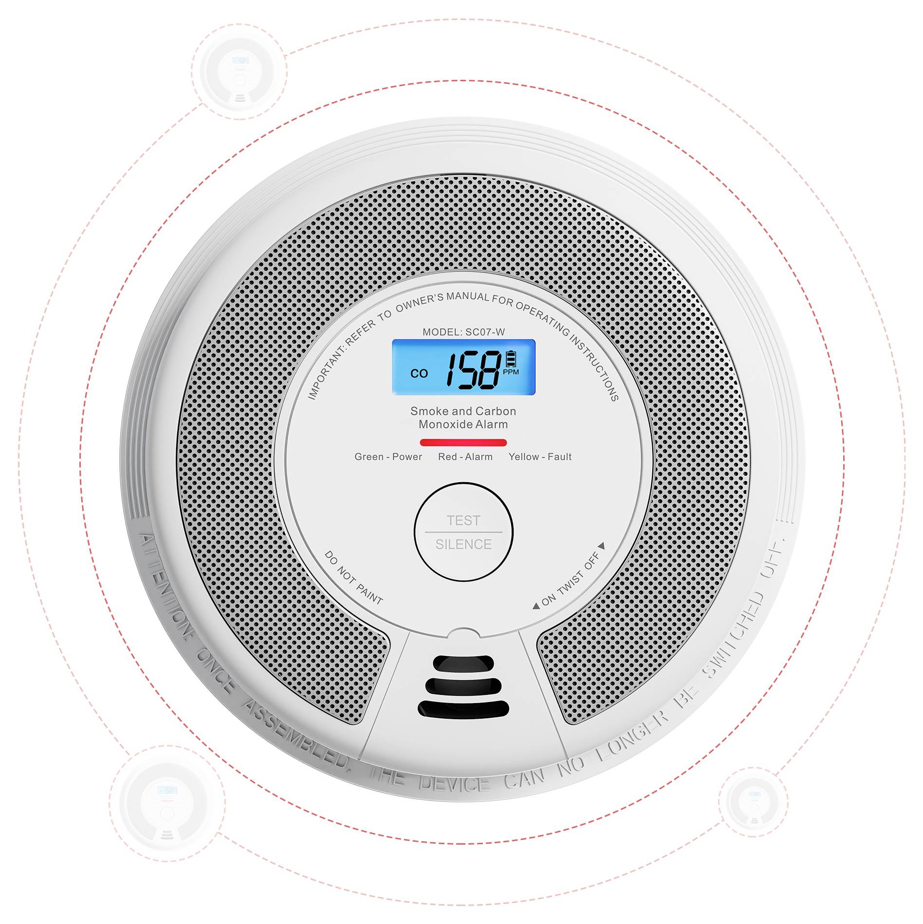 Ein runder Rauch- und Kohlenmonoxidmelder zeigt auf einem digitalen Display 'CO 158 PPM' an. Tasten mit den Beschriftungen 'Test' und 'Stummschalten' sind sichtbar.