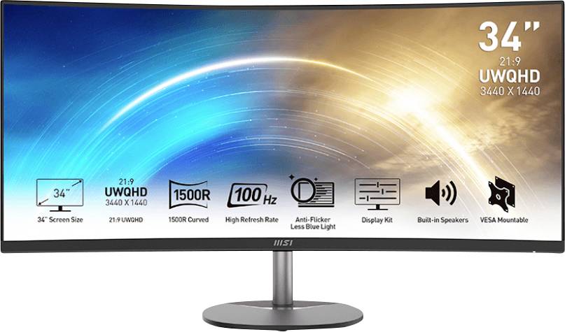 Gebogener Monitor mit Merkmalen: '34" Bildschirm, UWQHD 3440x1440, 21:9, 1500R Krümmung, 100 Hz, Flimmerschutz, blaulichtreduziert, integrierte Lautsprecher, VESA-montierbar.'