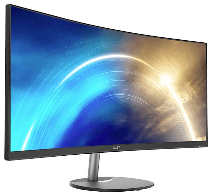 Ein schlanker, geschwungener Computermonitor, der eine Mischung aus blauen und orangefarbenen Lichtstreifen zeigt, die dynamische Bewegung und lebendige Energie andeuten.
