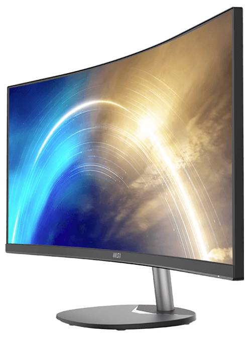 Ein gebogener Computermonitor, der einen abstrakten digitalen Hintergrund mit blauen und orangefarbenen Tönen zeigt, was dynamische und lebendige Visuals andeutet.