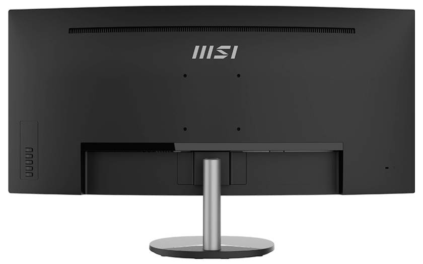 Ein Breitbild-Computermonitor von hinten gesehen, mit elegantem Design, einem kreisförmigen Ständer und einem markanten MSI-Logo in der Mitte.