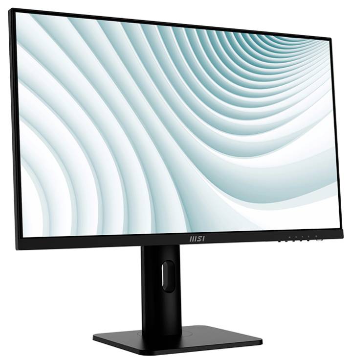 Ein schlanker schwarzer Desktop-Monitor, der ein pastelltürkises und weißes Wellenmuster über den Bildschirm zeigt, aufgestellt auf einem minimalistischen schwarzen Ständer.