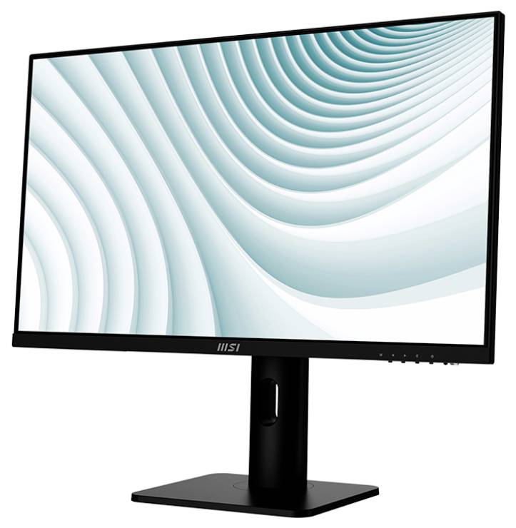 Ein Computermonitor, der ein abstraktes Design mit blauen und weißen gewellten Linien zeigt, auf einem schwarzen Ständer mit mehreren Tasten an der Seite.