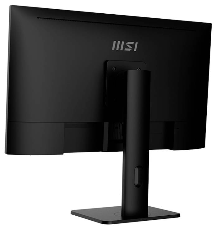 Ein schwarzer Computermonitor, von hinten betrachtet, der seinen Ständer zeigt und das MSI-Logo in der oberen Mitte aufweist.