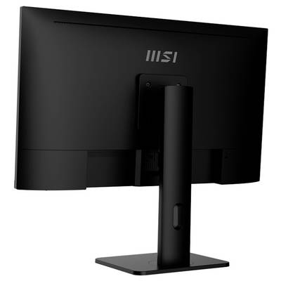 Ein schwarzer Computermonitor, von hinten betrachtet, der seinen Ständer zeigt und das MSI-Logo in der oberen Mitte aufweist.