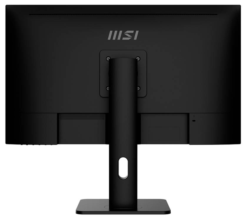 Ein schwarzer Computermonitor von hinten betrachtet, auf dem das MSI-Logo und der Ständer zu sehen sind, vor einem einfarbigen Hintergrund.