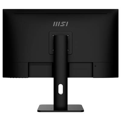 Ein schwarzer Computermonitor von hinten betrachtet, auf dem das MSI-Logo und der Ständer zu sehen sind, vor einem einfarbigen Hintergrund.