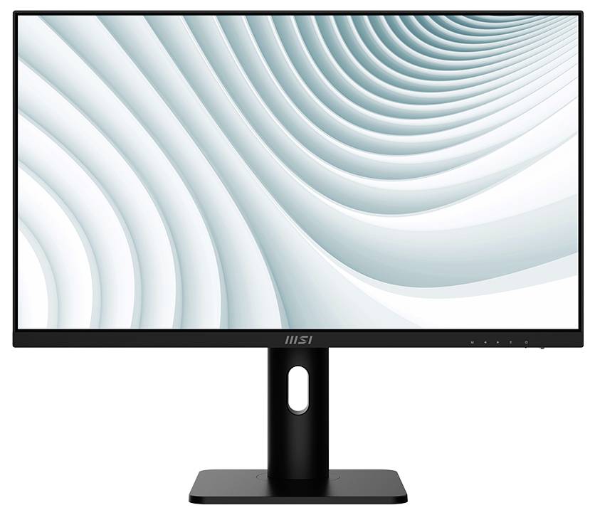 Ein schlanker schwarzer MSI-Computermonitor mit dünnem Rahmen und verstellbarem Ständer, auf dem abstrakte geschwungene weiße und türkisfarbene Formen auf dem Bildschirm dargestellt werden.