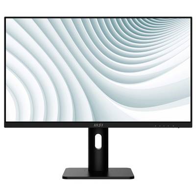 Ein schlanker schwarzer MSI-Computermonitor mit dünnem Rahmen und verstellbarem Ständer, auf dem abstrakte geschwungene weiße und türkisfarbene Formen auf dem Bildschirm dargestellt werden.