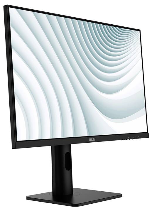 Ein schlanker, schwarzer Computermonitor mit einem Ständer, der ein abstraktes weißes und türkisfarbenes Wellenmuster auf dem Bildschirm zeigt.