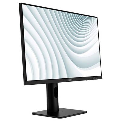 Ein schlanker, schwarzer Computermonitor mit einem Ständer, der ein abstraktes weißes und türkisfarbenes Wellenmuster auf dem Bildschirm zeigt.
