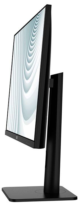 Ein schlanker, schwarzer Computermonitor, von der Seite betrachtet, mit modernem Design und elegantem Ständer, auf dessen Bildschirm ein blau-abstrakter Muster zu sehen ist.