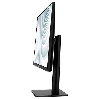Ein schlanker, schwarzer Computermonitor, von der Seite betrachtet, mit modernem Design und elegantem Ständer, auf dessen Bildschirm ein blau-abstrakter Muster zu sehen ist.