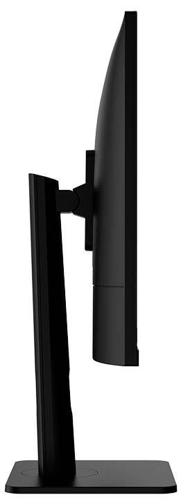 Ein schlanker, moderner Computermonitor, der aus einem Seitenwinkel gezeigt wird und seinen dünnen Rahmen und minimalistischen Ständer betont.