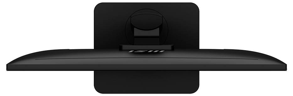 Eine Draufsicht eines schwarzen Computermonitors mit einem rechteckigen Ständer, der das Design und die Struktur aus einer Draufsichtsperspektive präsentiert.