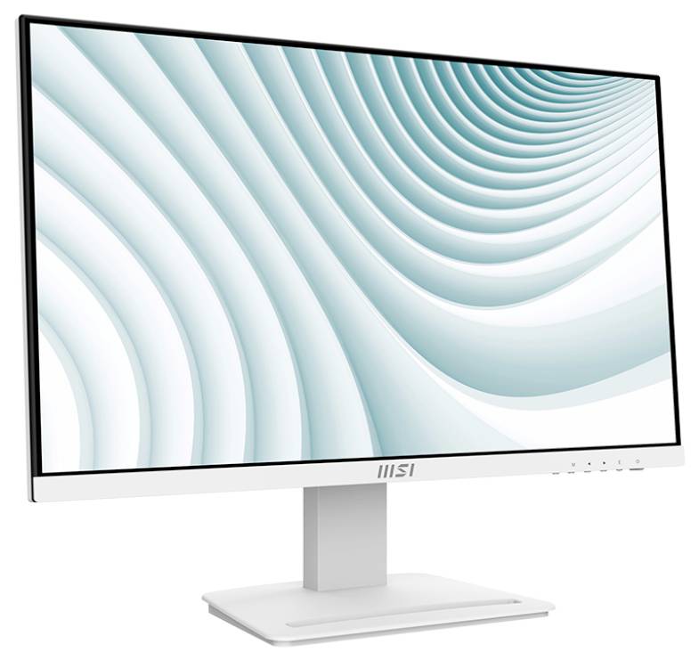 Ein schlanker weißer Computermonitor, der ein stilisiertes blau-weißes Wellenmuster zeigt.