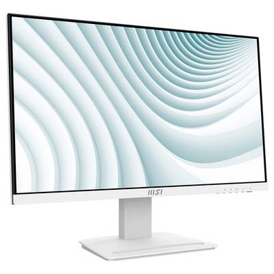 Ein schlanker weißer Computermonitor, der ein stilisiertes blau-weißes Wellenmuster zeigt.
