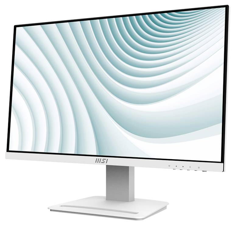 Ein moderner Computermonitor mit elegantem, schlankem Design und einem geometrischen Wellenmuster auf dem Bildschirm.