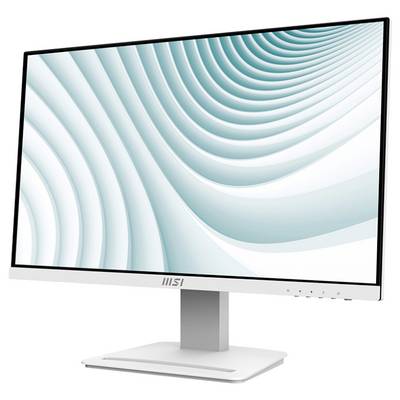 Ein moderner Computermonitor mit elegantem, schlankem Design und einem geometrischen Wellenmuster auf dem Bildschirm.
