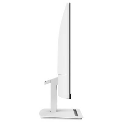 Seitenansicht eines schlanken, modernen Computermonitors mit einem weißen Ständer, der sein dünnes Design und minimalistische Ästhetik zur Geltung bringt.