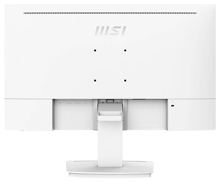 Rückansicht eines weißen Computermonitors mit einem zentralen Ständer, der zwei Schlitze und einen Einschaltknopf in der unteren rechten Ecke aufweist.