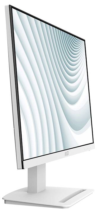 Ein moderner Computer-Monitor mit schlankem Design, der abstrakte blaue und weiße Wellenmuster auf dem Bildschirm zeigt, vor einem weißen Hintergrund.
