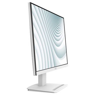 Ein moderner Computer-Monitor mit schlankem Design, der abstrakte blaue und weiße Wellenmuster auf dem Bildschirm zeigt, vor einem weißen Hintergrund.
