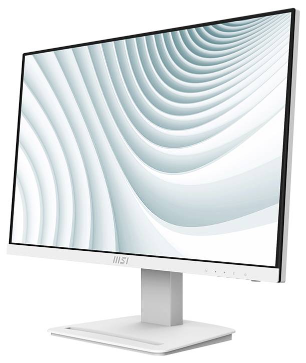 Ein schlanker weißer Computermonitor, der ein abstraktes Wellenmuster in Hellblau und Weiß auf dem Bildschirm zeigt, leicht nach rechts geneigt.