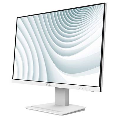 Ein schlanker weißer Computermonitor, der ein abstraktes Wellenmuster in Hellblau und Weiß auf dem Bildschirm zeigt, leicht nach rechts geneigt.