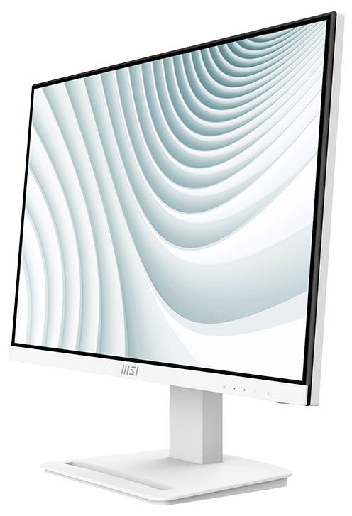 Ein weißer, schlanker Computermonitor, der ein modernes abstraktes Design mit geschwungenen Linien auf dem Bildschirm zeigt, in einem minimalistischen Stil.