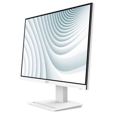 Ein weißer, schlanker Computermonitor, der ein modernes abstraktes Design mit geschwungenen Linien auf dem Bildschirm zeigt, in einem minimalistischen Stil.