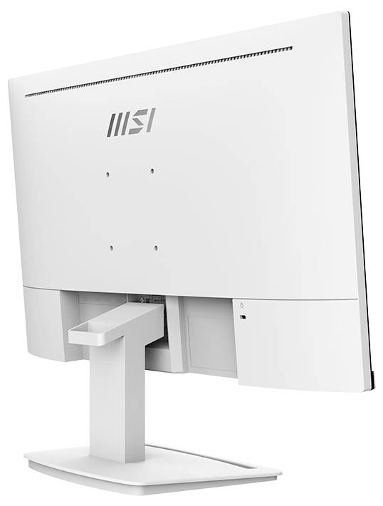 Ein weißer MSI-Computer-Monitor, von hinten betrachtet, der den Standfuß, Lüftungsschlitze und das Logo in der Nähe der Oberseite zeigt.