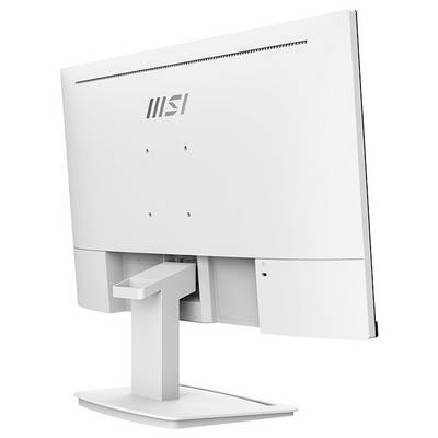 Ein weißer MSI-Computer-Monitor, von hinten betrachtet, der den Standfuß, Lüftungsschlitze und das Logo in der Nähe der Oberseite zeigt.