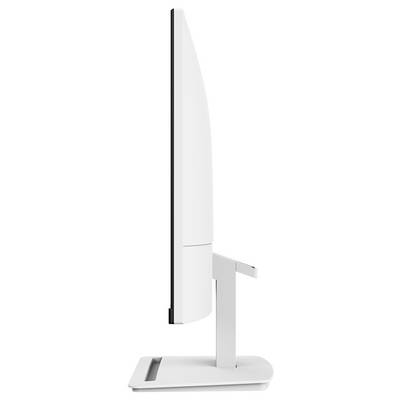 Eine Seitenansicht eines schlanken, modernen Computermonitors mit dünnem Rahmen, der seinen Ständer und sein minimalistisches Design auf weißem Hintergrund zeigt.