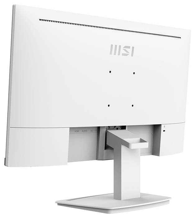 Ein weißer Computermonitor, von hinten betrachtet, mit dem MSI-Logo oben und einem Standfuß in der unteren Mitte.