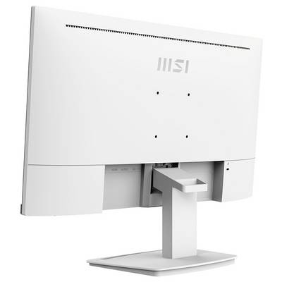 Ein weißer Computermonitor, von hinten betrachtet, mit dem MSI-Logo oben und einem Standfuß in der unteren Mitte.