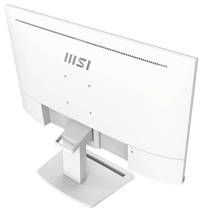 Ein weißer MSI-Computermonitor, von hinten gesehen, der sein schlankes Design, den verstellbaren Ständer und die minimalistischen Rückseiten-Features präsentiert.