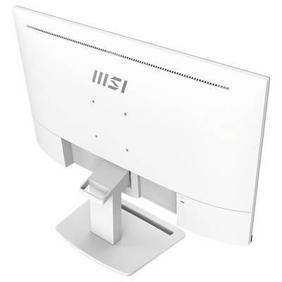 Ein weißer MSI-Computermonitor, von hinten gesehen, der sein schlankes Design, den verstellbaren Ständer und die minimalistischen Rückseiten-Features präsentiert.