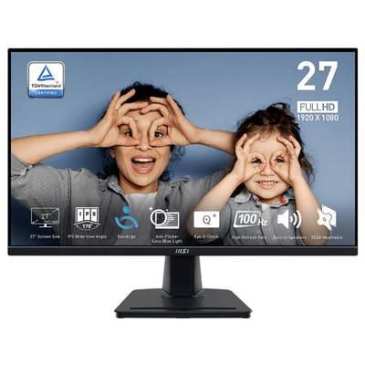 Eine Frau und ein Kind vor einem Monitor, beide lächeln und formen mit ihren Händen Brillen. Monitorfunktionen werden eingeblendet.