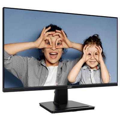 Ein Monitor zeigt ein Foto einer Frau und eines Kindes, die beide lächeln und spielerische Handgesten machen, die Brillen vor ihren Augen nachahmen.