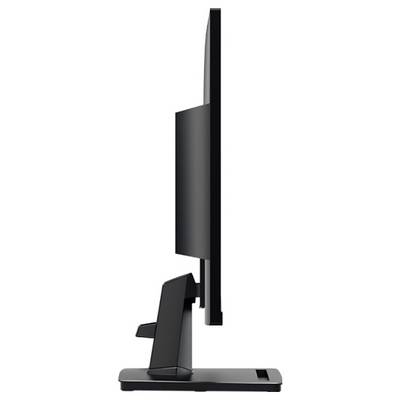 Seitenansicht eines dünnen, modernen Computermonitors auf einem Ständer, der seine schlanke Silhouette und minimalistisches Design hervorhebt.