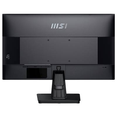 Ein schwarzer MSI-Computermonitor, von hinten betrachtet, mit Ständer und Logo in der Mitte oben.