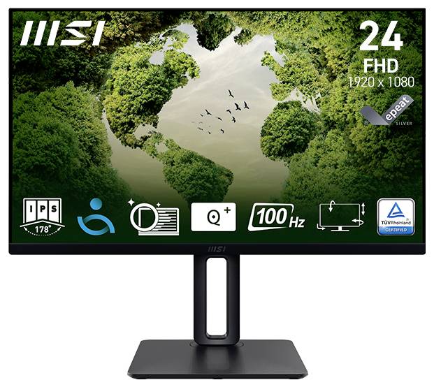 Ein Computermonitor, der ein grün-thematisches Naturbild eines Baumkronenwaldes zeigt, das die Form einer Weltkugel bildet, mit Merkmalen wie "24" FHD", "1920 x 1080", "IPS", "100 Hz".