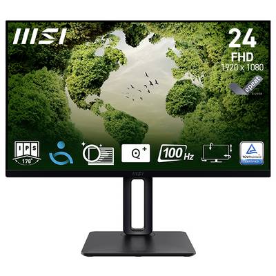 Ein Computermonitor, der ein grün-thematisches Naturbild eines Baumkronenwaldes zeigt, das die Form einer Weltkugel bildet, mit Merkmalen wie "24" FHD", "1920 x 1080", "IPS", "100 Hz".