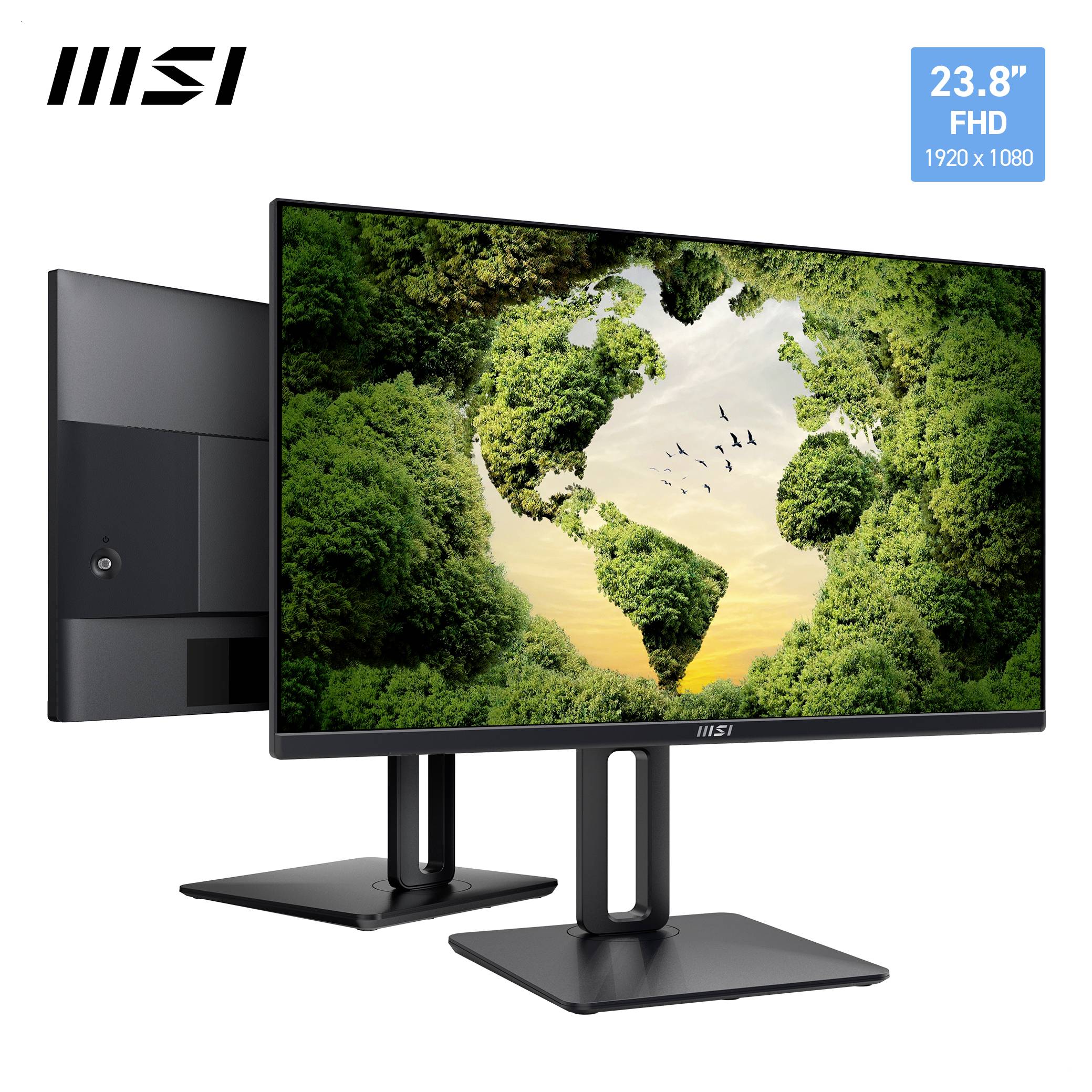 Ein 23,8-Zoll-Full-HD-Monitor von MSI, der eine lebendige Naturszene mit Vögeln zeigt, die über eine üppige, grüne Landschaft bei Sonnenuntergang fliegen.