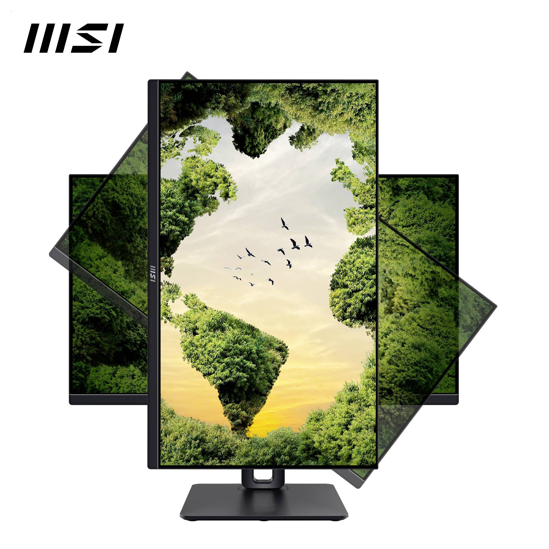 Ein Monitor zeigt ein lebendiges Bild einer herzförmigen Lichtung in einem Wald mit einem Sonnenuntergang und fliegenden Vögeln. MSI-Logo in der oberen linken Ecke.
