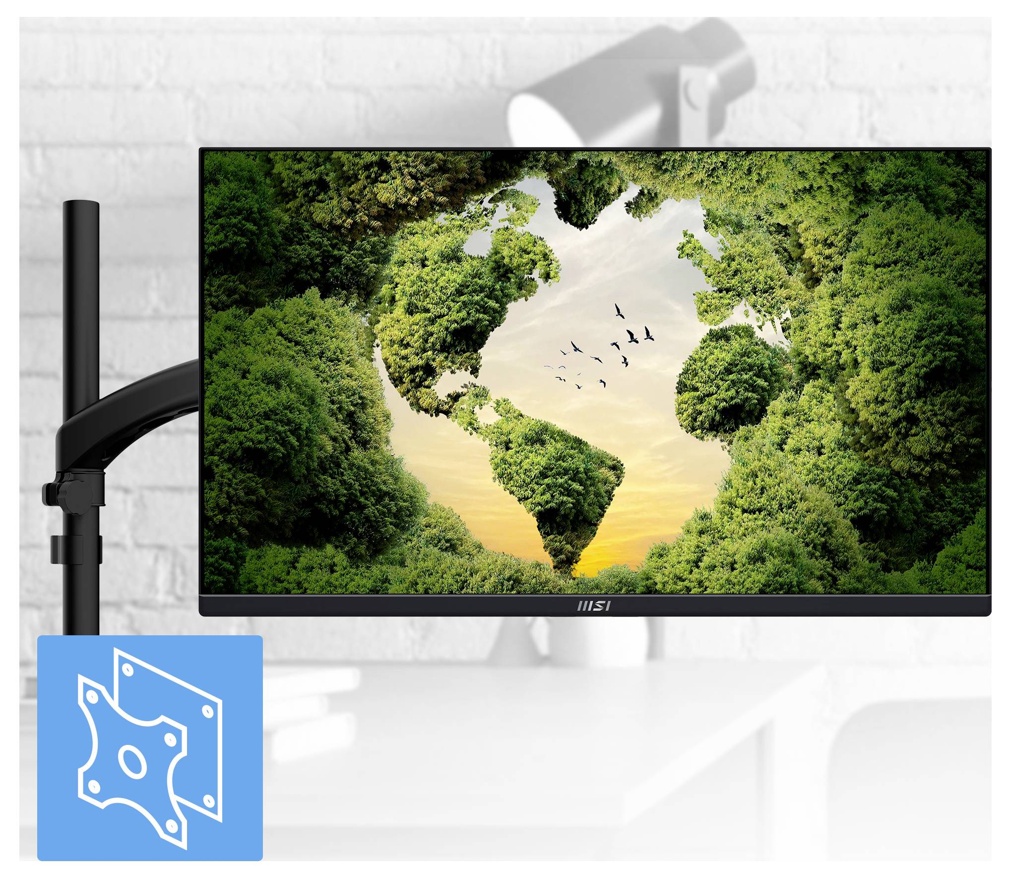 Ein Breitbildmonitor, der ein künstlerisches Bild einer Weltkarte zeigt, die aus üppiger Vegetation und Vögeln gebildet wird, vor einem orangefarbenen Himmelshintergrund.