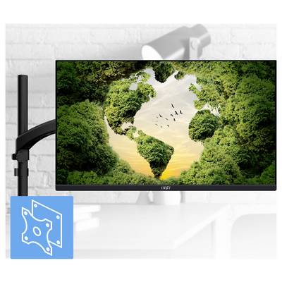 Ein Breitbildmonitor, der ein künstlerisches Bild einer Weltkarte zeigt, die aus üppiger Vegetation und Vögeln gebildet wird, vor einem orangefarbenen Himmelshintergrund.